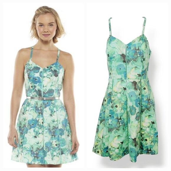 Candies Floral Watercolor Fit and Flare Dress in Turquoise Green Size 1 - Picture 1 of 10